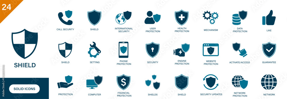 Shield icon. Containing protection, security, safety, device protection, insurance, guarantee. Solid vector icon set.