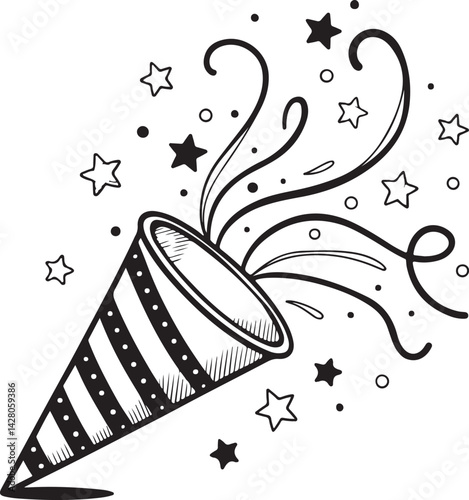 Party Popper Holiday Celebration Hooray Black and White Vector Illustration, Sketch Drawing Line Linear Symbol Icon Engraving, Hand-drawn Isolated
