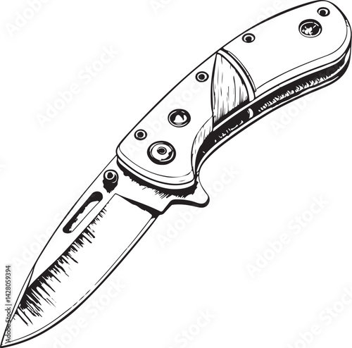Pocket Knife Black and White Vector Illustration, Sketch Drawing Line Linear Symbol Icon Engraving, Hand-drawn Isolated
