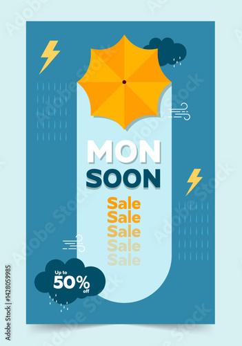 Monsoon Sale Event Highlighting Discounts with Yellow Umbrella Icon, vector illustration