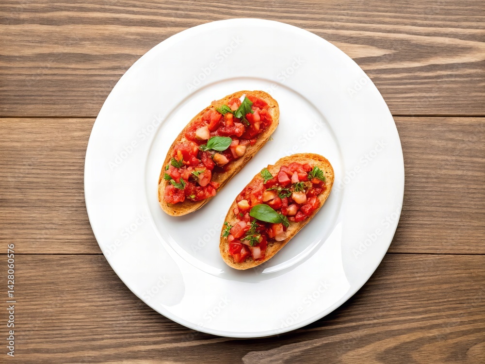 Two pieces or slices of Pan con Tomate (Bread with Tomato) – Rustic Spanish Snack served on a premium white plate. Suitable for marketing or business purposes Two pieces or slices of Pan con Tomate (Bread with Tomato) – Rustic Spanish Snack served on a premium white plate. Suitable for marketing or business purposes