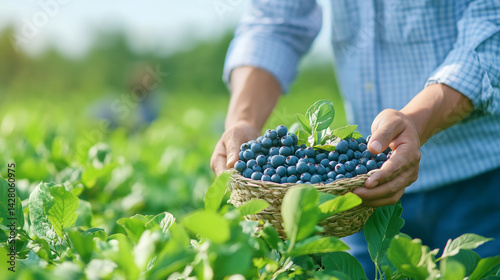 Blueberries are being collected from the bushes on the plantation by a farmer