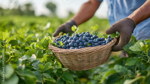 Blueberries are being collected from the bushes on the plantation by a farmer