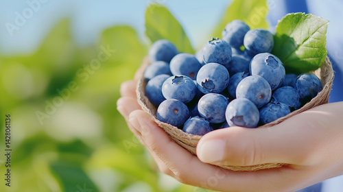 Blueberries are being collected from the bushes on the plantation by a farmer