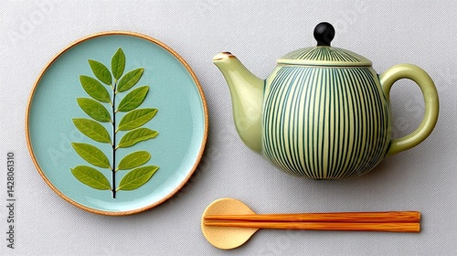 Teal Teapot and Pressed Leaf Plate Still Life