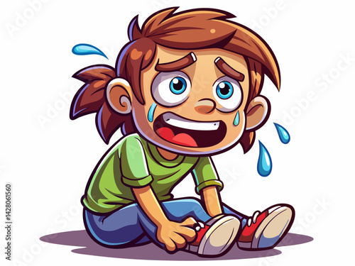 A high-quality vector illustration of a cartoon person with droopy eyes and tears running down, sitting with knees up, isolated on a white background