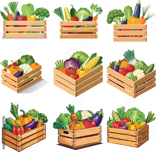 Wooden box with fresh and healthy vegetable sale supermarket shopping
