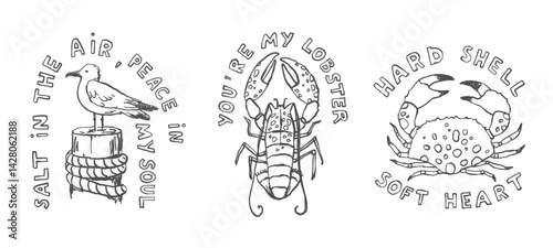 Fisherman aesthetic line art, hand drawn maritime doodles, nautical outline illustrations