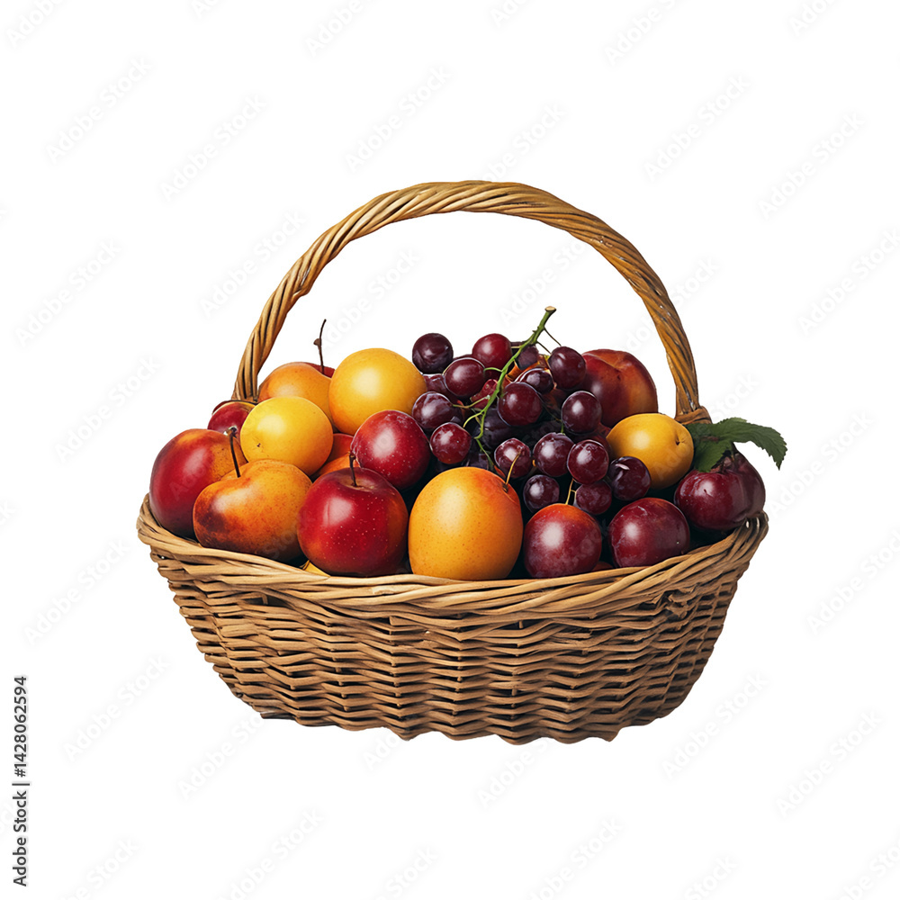Wicker Basket Filled with Ripe Plums, Nectarines, and Grapes, PNG Wicker Basket Filled with Ripe Plums, Nectarines, and Grapes, PNG