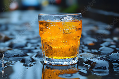 Refreshing Orange Drink Outdoors on Wet Stones - Beverage Photography for Design Use