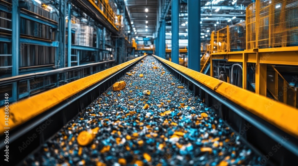 Industrial conveyor belt carrying metal scraps in a factory. Industrial conveyor belt carrying metal scraps in a factory.