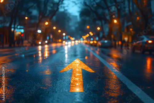 Nighttime City Street with Glowing Arrow and Reflections for Urban Design