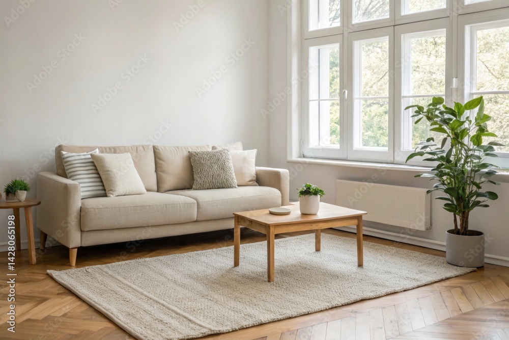 A realistic view of a cozy Scandinavian living room corner a light wood modern sofa with neutral throw pillows, a wool rug, a minimalist coffee table, and a potted plant by the window. A realistic view of a cozy Scandinavian living room corner a light wood modern sofa with neutral throw pillows, a wool rug, a minimalist coffee table, and a potted plant by the window.