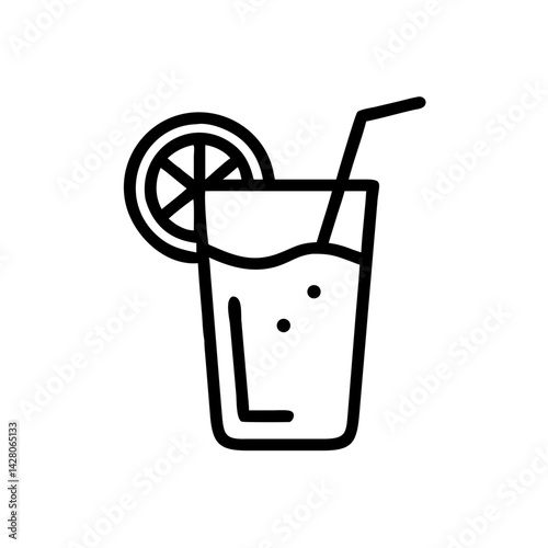 Lemon drink with straw in black line icon style.