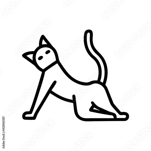Stretching cat in minimalist black line illustration.
