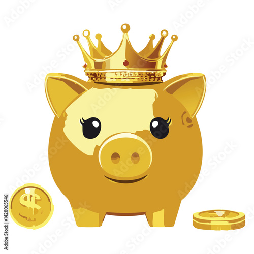 Wealth Icon: Gold Piggy Bank with Crown and Coin
