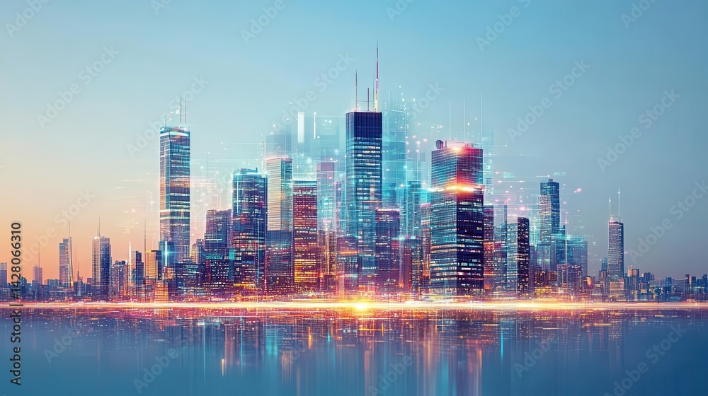 Fototapeta premium Futuristic cityscape with glowing digital network connections.