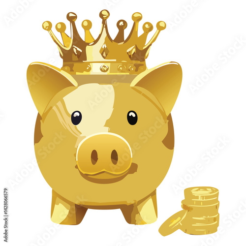 Regal Gold Piggy Bank with Coin and Crown
