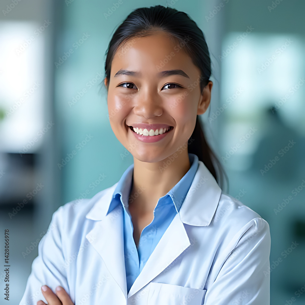 Smiling female scientist professional portrait in bright laboratory environment with positive vibe Smiling female scientist professional portrait in bright laboratory environment with positive vibe