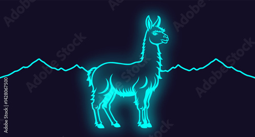 Vector graphic cyan bright glowing llama in mountains. Dark background. South American mammal animal of camel family. Wild luminous neon alpaca.