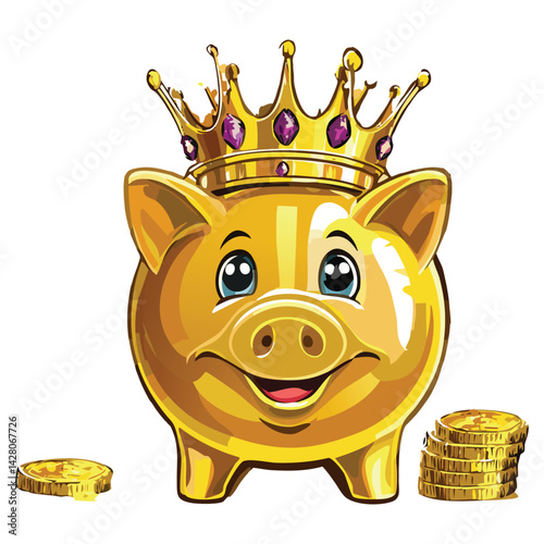 Wealthy Gold Piggy Bank with Crown and Coin
