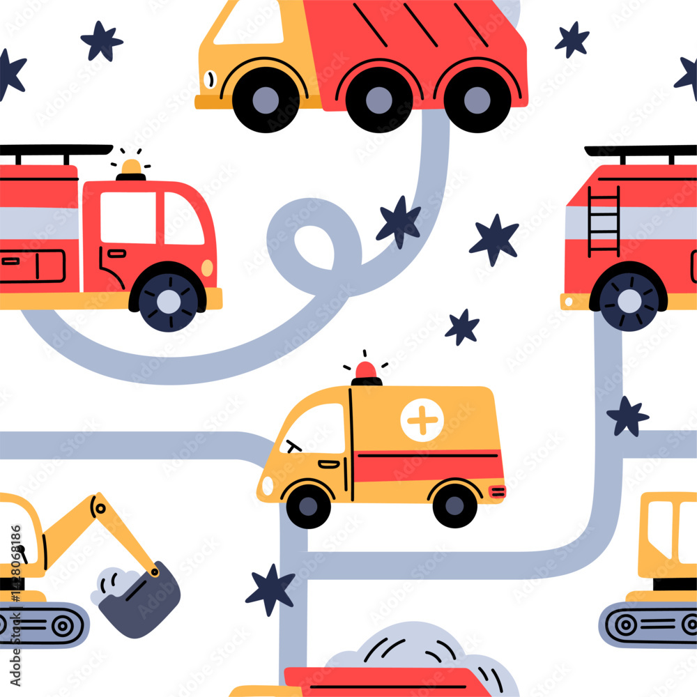 Fototapeta premium Transport toys seamless pattern. Kids traffic elements, color cars, excavators and fire trucks, boys game elements. Decor textile, wrapping paper, wallpaper. Print garish vector background