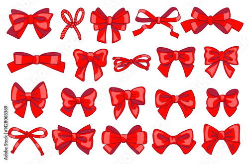 Red gift bows. Beautiful presents packaging elements, satin decorative ribbons, holiday, birthday party and events, Christmas or wedding box package, isolated objects, splendid vector set