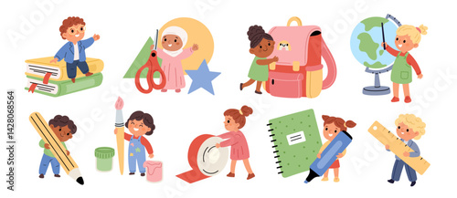 Little students. Back to school kids hold stationery elements, happy boys and girls with textbooks, pencils and scissors, pupil with huge backpack, garish vector cartoon flat isolated set
