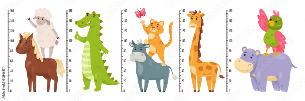 Obraz premium Kids growth rulers. Funny measuring scales, wall meters with cute high animals and birds, centimeter chart, crocodile and giraffe, typographic design, cartoon flat isolated recent vector set
