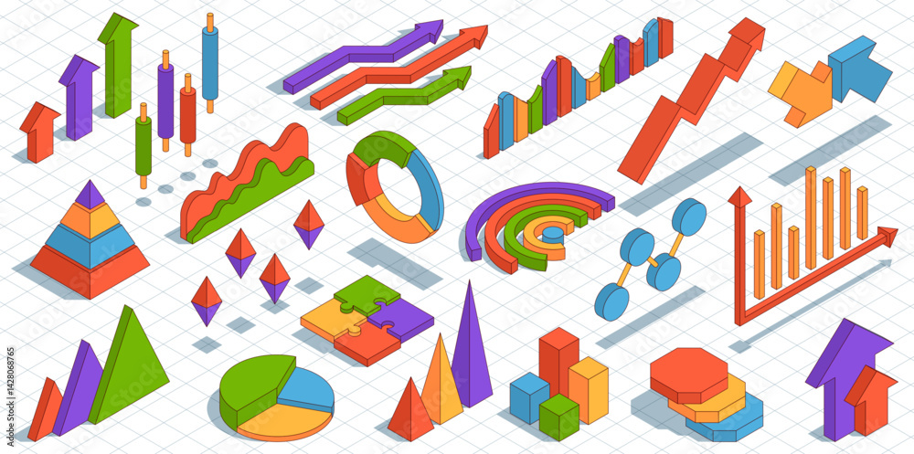 Isometric business graphs. Infographics design, visual presentations colorful elements, charts, diagrams and pies, statistics presentation, visualization scheme nowaday vector isolated set