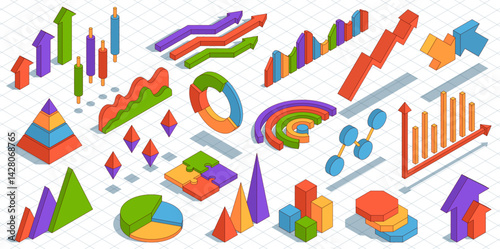 Isometric business graphs. Infographics design, visual presentations colorful elements, charts, diagrams and pies, statistics presentation, visualization scheme nowaday vector isolated set