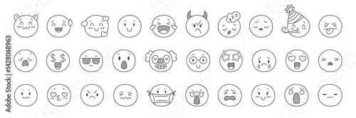 Hand drawn emoji. Doodle style round outline faces with different mood expressions, positive and negative emotions, line characters, social media icons, stickers classy vector isolated set