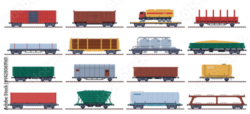 Freight train wagons. Railway locomotive transport, cargo carriages, containers for transportation cargoes and goods, cistern for oil, tanks for sand and wood. Nowaday vector isolated set