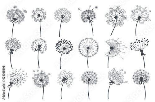 Dandelion silhouettes. Decorative art stilisations of flowers, floral design, fluffy blossom flora, flying seeds, minimalistic botanica, monochrome bloom, splendid vector isolated set