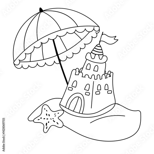 Beach umbrella and sandcastle line art