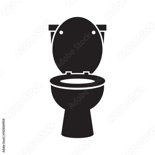 Black and White Silhouette of a Toilet with an Open Lid Representing Bathroom Fixtures, Sanitation, and Plumbing for Hygiene,  Editable Vector Illustration Isolated on a White Background