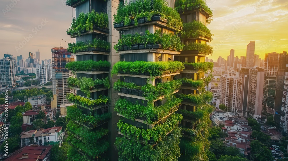 Obraz premium Vertical farming skyscrapers in an urban setting, representing sustainable agriculture