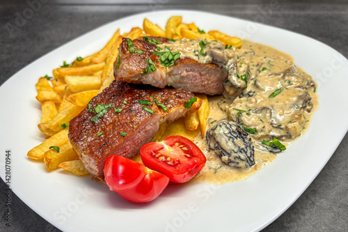 Juicy grilled pork neck, baked potatoes and creamy morel sauce