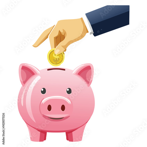 Pink Piggy Bank Saving: Hand with Coin
