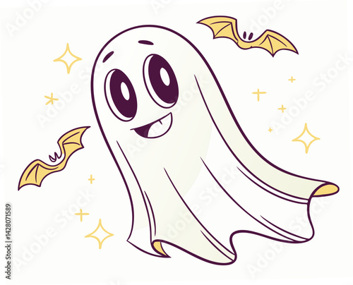 Cute cartoon ghost smiling with bats and sparkles in a playful style  