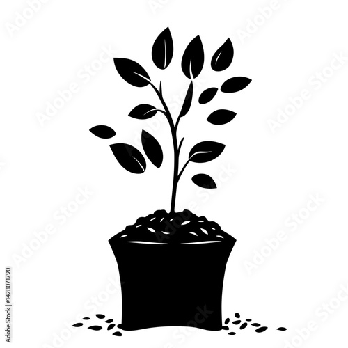 Young plant in pot silhouette for gardening and environmental design projects