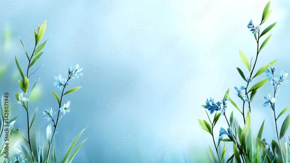 Naklejka premium Serene blue spring scene with delicate blooming flowers and verdant leaves