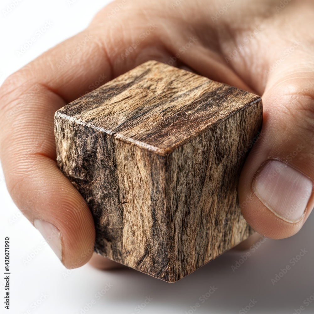 Fototapeta premium Close-up of a hand holding a small, wooden cube.