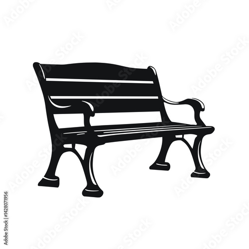 Elegant black park bench silhouette for outdoor seating and landscaping design with copy space