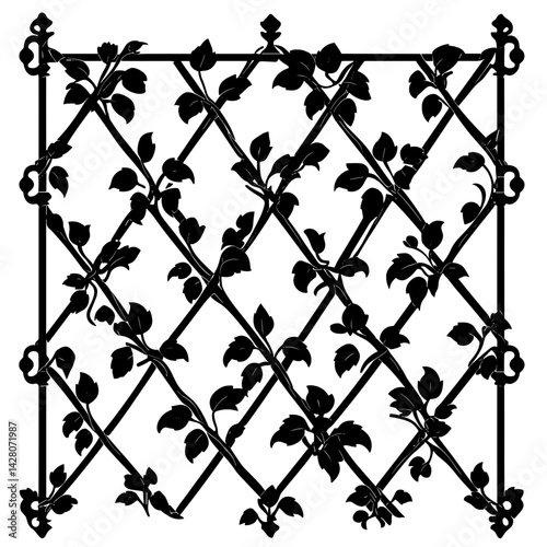 Ornate decorative trellis with vines for garden design and landscaping projects with copy space
