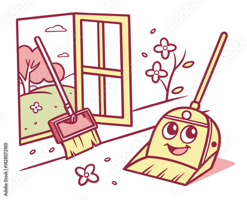 Friendly cleaning tools preparing for spring in a cheerful garden  
