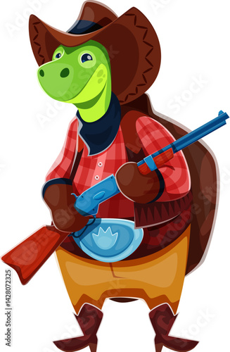 Cartoon turtle cowboy or sheriff and Wild West animal character, vector Western ranger. Turtle bandit or Texas cowboy and Wild West ranger animal character with rifle gun and cowboy hat
