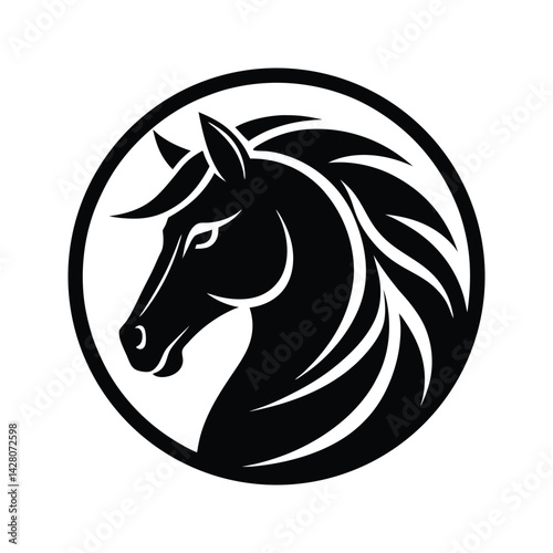 Silhouette art illustration of a horse head logo in circular patch.eps