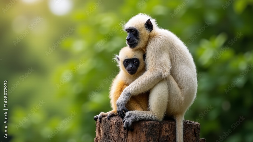 Fototapeta premium Lar Gibbon Pair Hugging on Stump