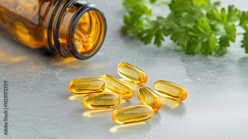 Organic herbal alternative medicine capsule with vitamin E and omega-3 fish oil